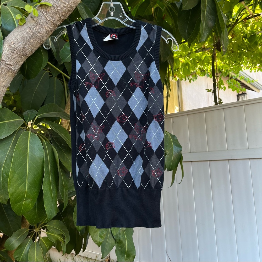 Vintage Y2K Emily The Strange Argyle sweater vest with cats embroidered. - Picture 1 of 9